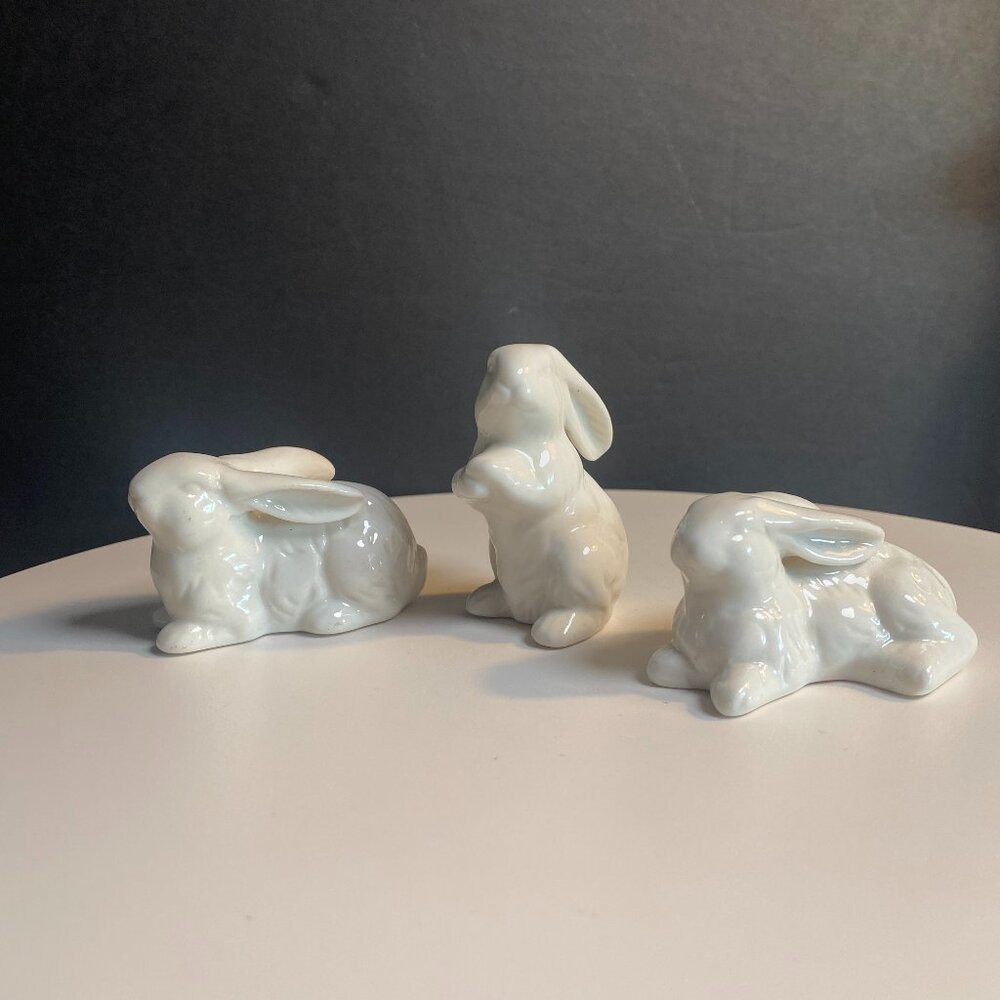 Set of 3 White Ceramic Bunny Figurines Easter Decor